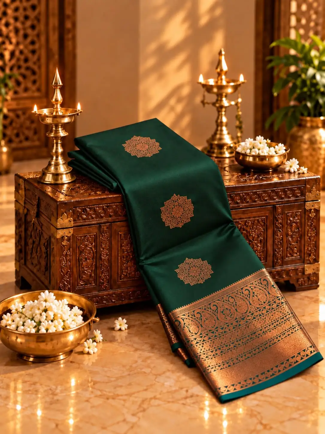 Copper Zari Motif Rich Pallu Soft Silk Saree